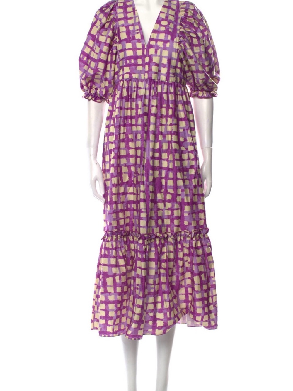 HUNTER BELL Purple and Cream Checked Puff-Sleeve Midi Dress